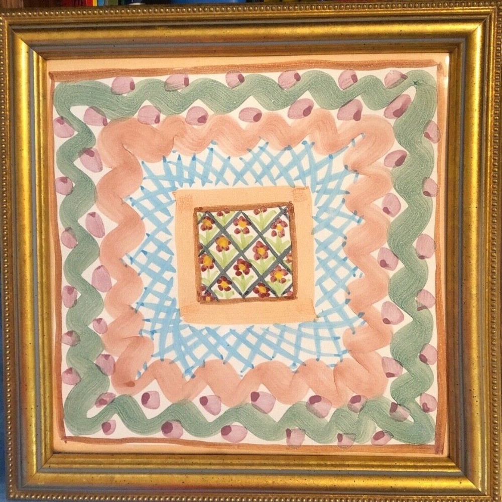 1980 Mackenzie-Childs Heather ceramic Tile Trivet custom framed, wall hanging